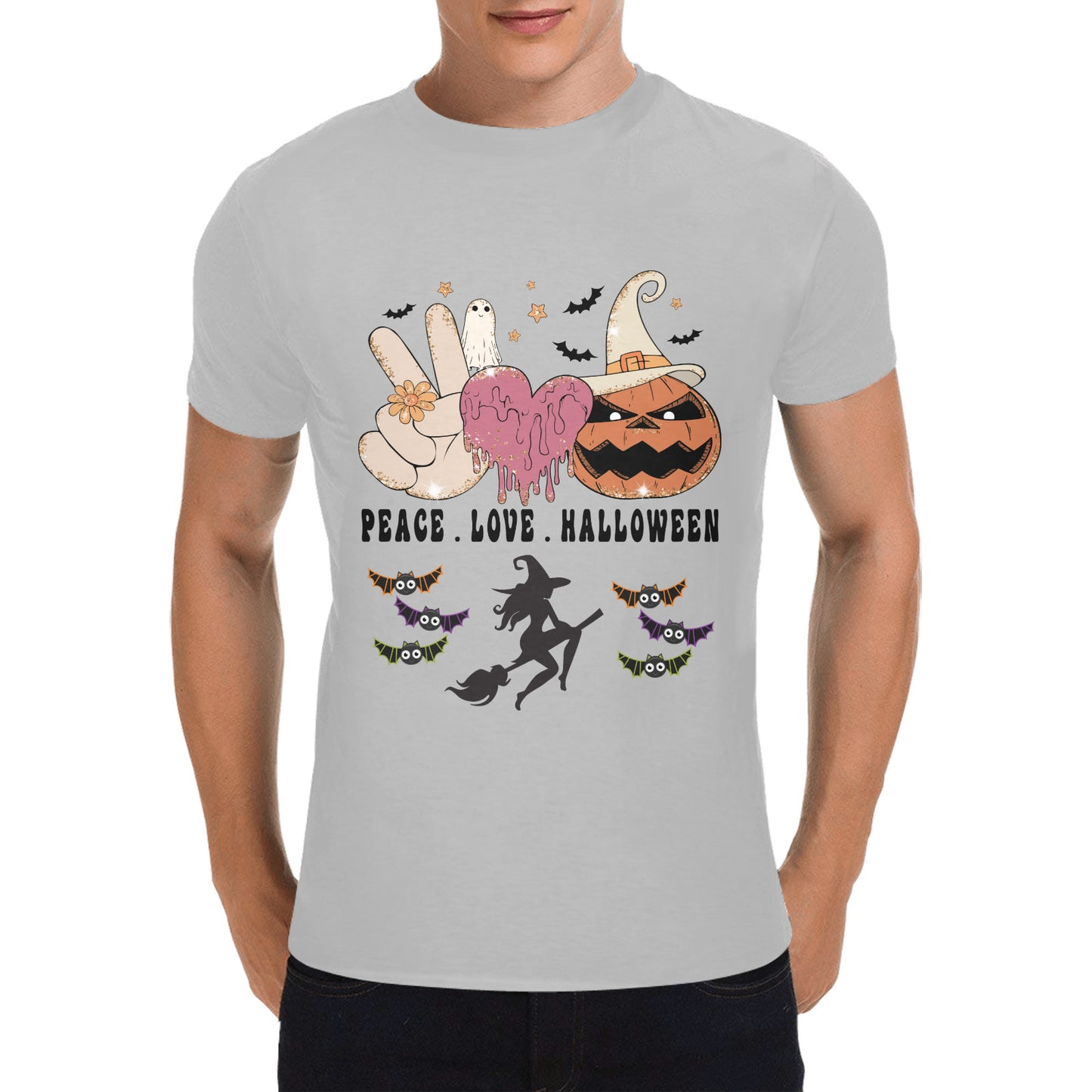 Peace Love Halloween Men's Heavy Cotton T-Shirt (One Side Printing)