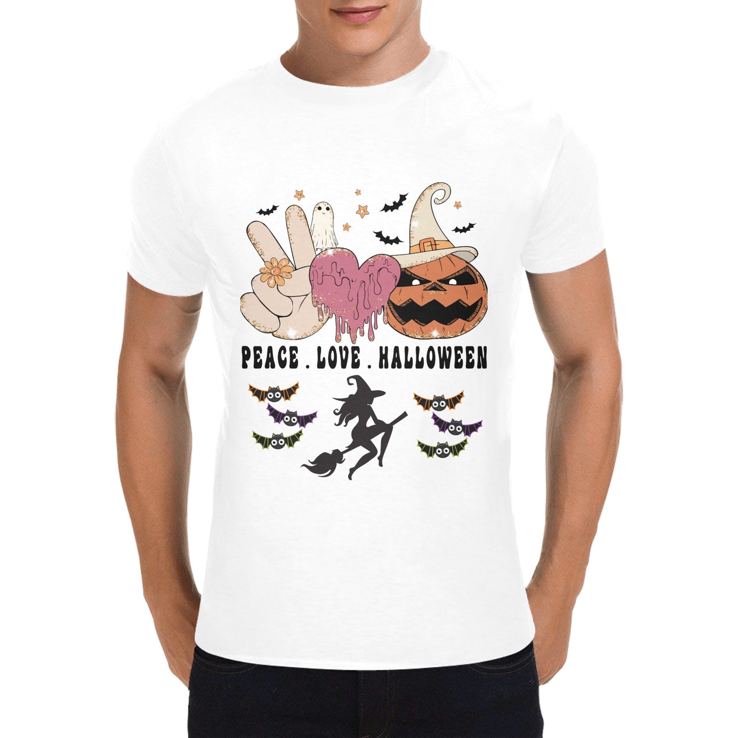 Peace Love Halloween Men's Heavy Cotton T-Shirt (One Side Printing)