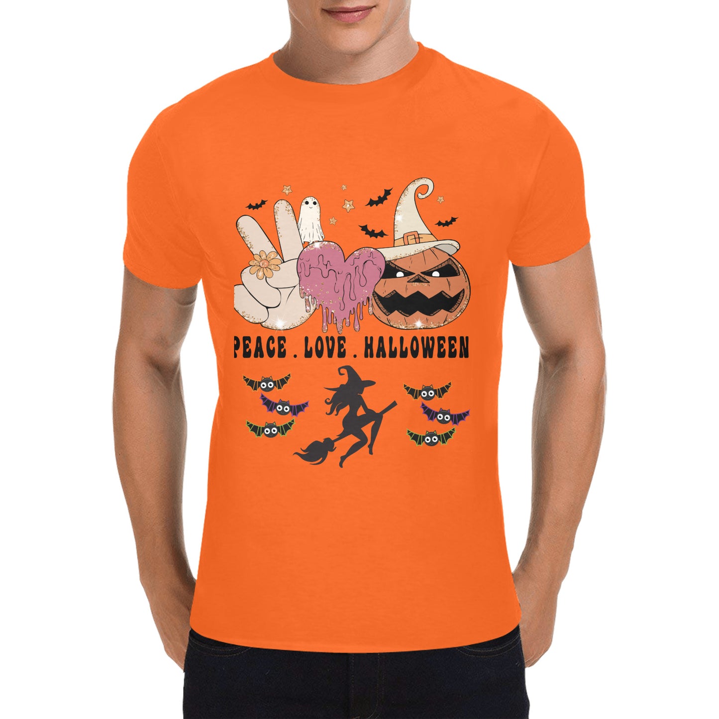 Peace Love Halloween Men's Heavy Cotton T-Shirt (One Side Printing)