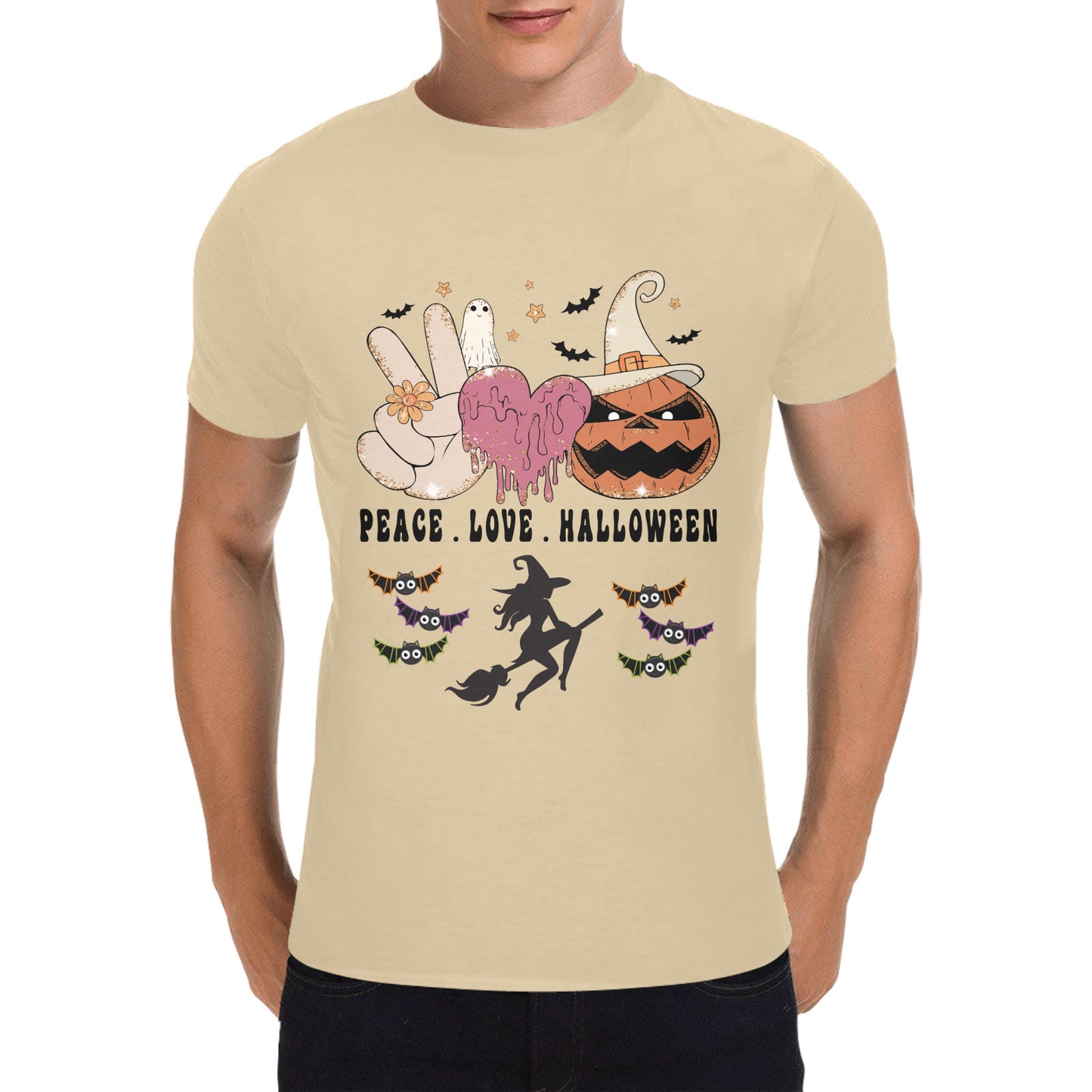 Peace Love Halloween Men's Heavy Cotton T-Shirt (One Side Printing)